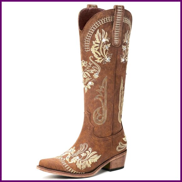 Knee High Western Cowgirl Boots Rhinestone Embroidered Pointed Toe Chunky Heel